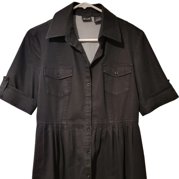 Black Short Sleeves Button  Denim Strechy Knee Length Dress - Picture 1 of 4